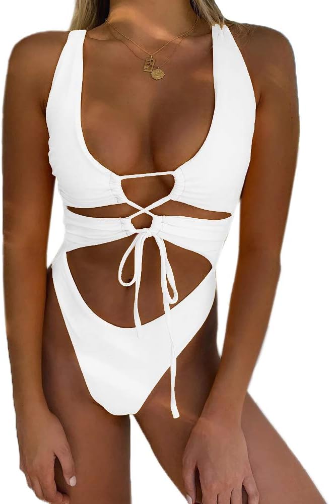 CHYRII Women's Sexy Cutout Lace Up Backless Monokini Swimsuit
