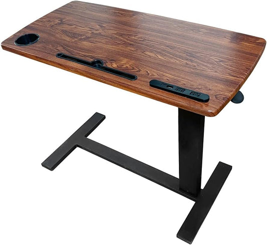 Pneumatic Height-Adjustable Overbed Table- USB Ports, Hidden Wheels- 32X16 in- Usumairu