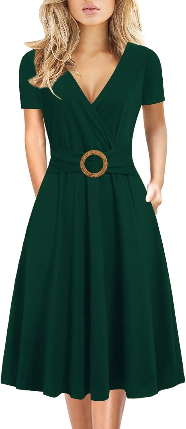 Elegant Criss-Cross V Neck Vintage Short Sleeve Tea Dress