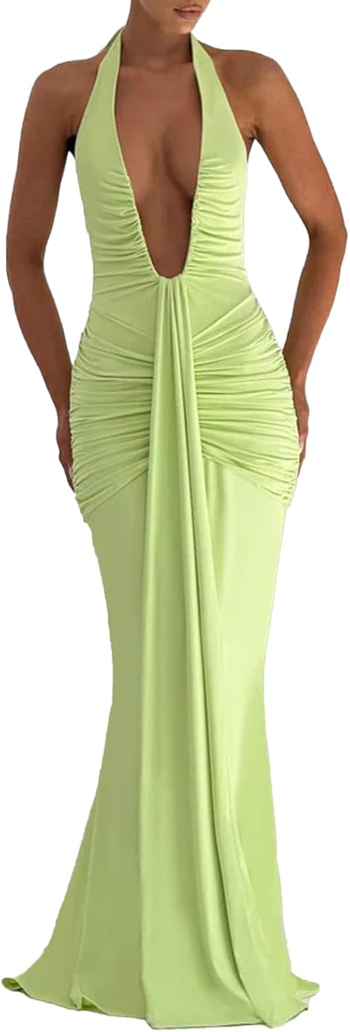 Women Deep V Neck Ruched Maxi Dress for Formal Events