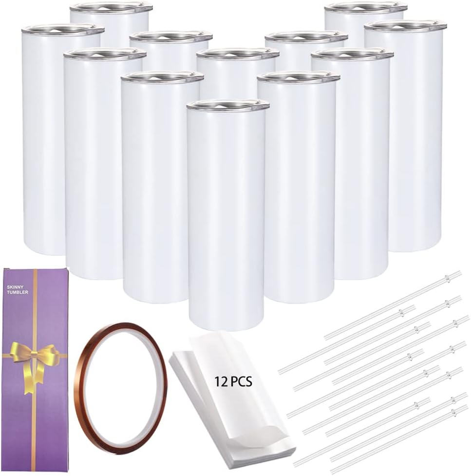 YOUKE OLA 12 Pack Straight Skinny Sublimation Tumblers 20oz