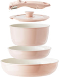 Redchef Ceramic Cookware Set with Removable Handle - Space-Saving Pink