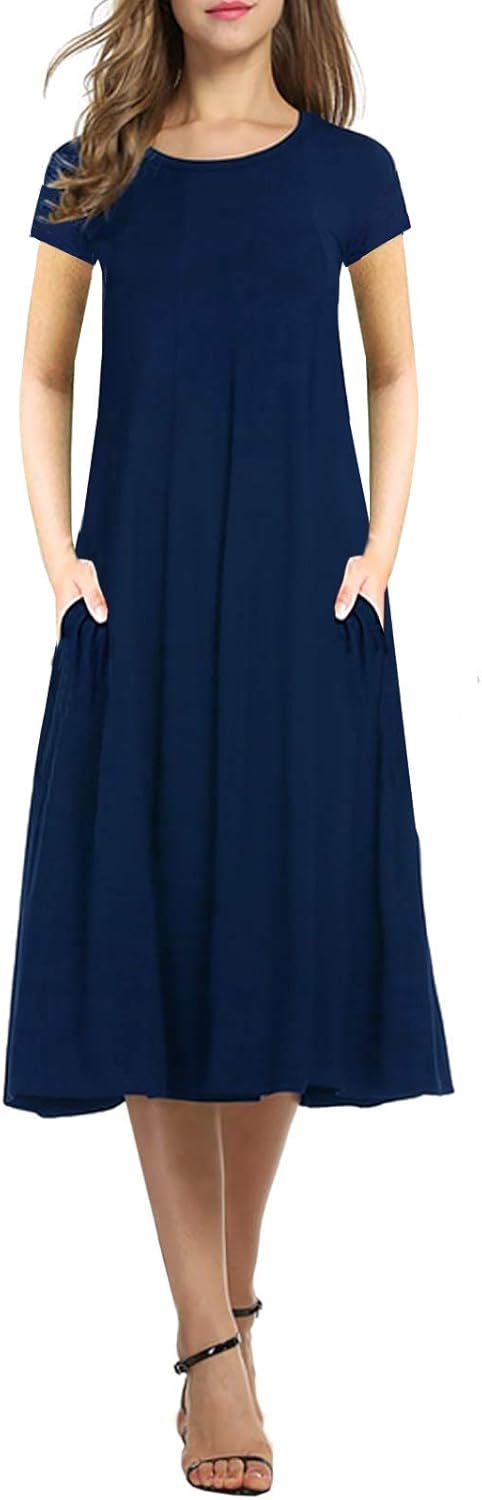 Necooer Women's Casual Loose Pleated Midi Dress for Summer