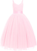 Flower Girls Dress Spaghetti Strap Long A Line Tulle Gown - Blush