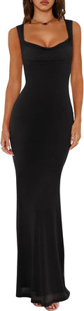 Women's Mesh Cowl Neck Sleeveless Maxi Dress - Bodycon Fit