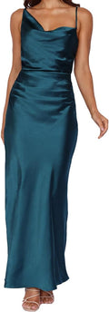 Summer Satin Maxi Dress Cowl Neck Ruched Slip Dress - Elegant Fit