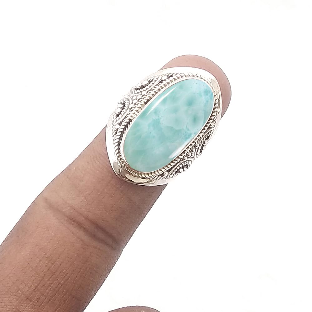 Solid 925 Sterling Silver Ring with Genuine Larimar Gemstone