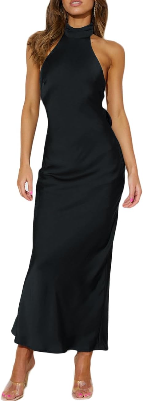 Phicia Sexy Satin Halter Neck Backless Maxi Dress for Women
