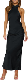 Phicia Satin Halter Neck Backless Maxi Dress for Women - Elegant Cowl