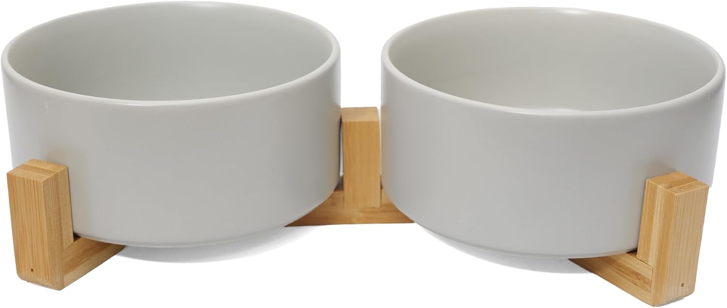 Ceramic Dog Food Bowl Set with Wood Stand for Small Pets