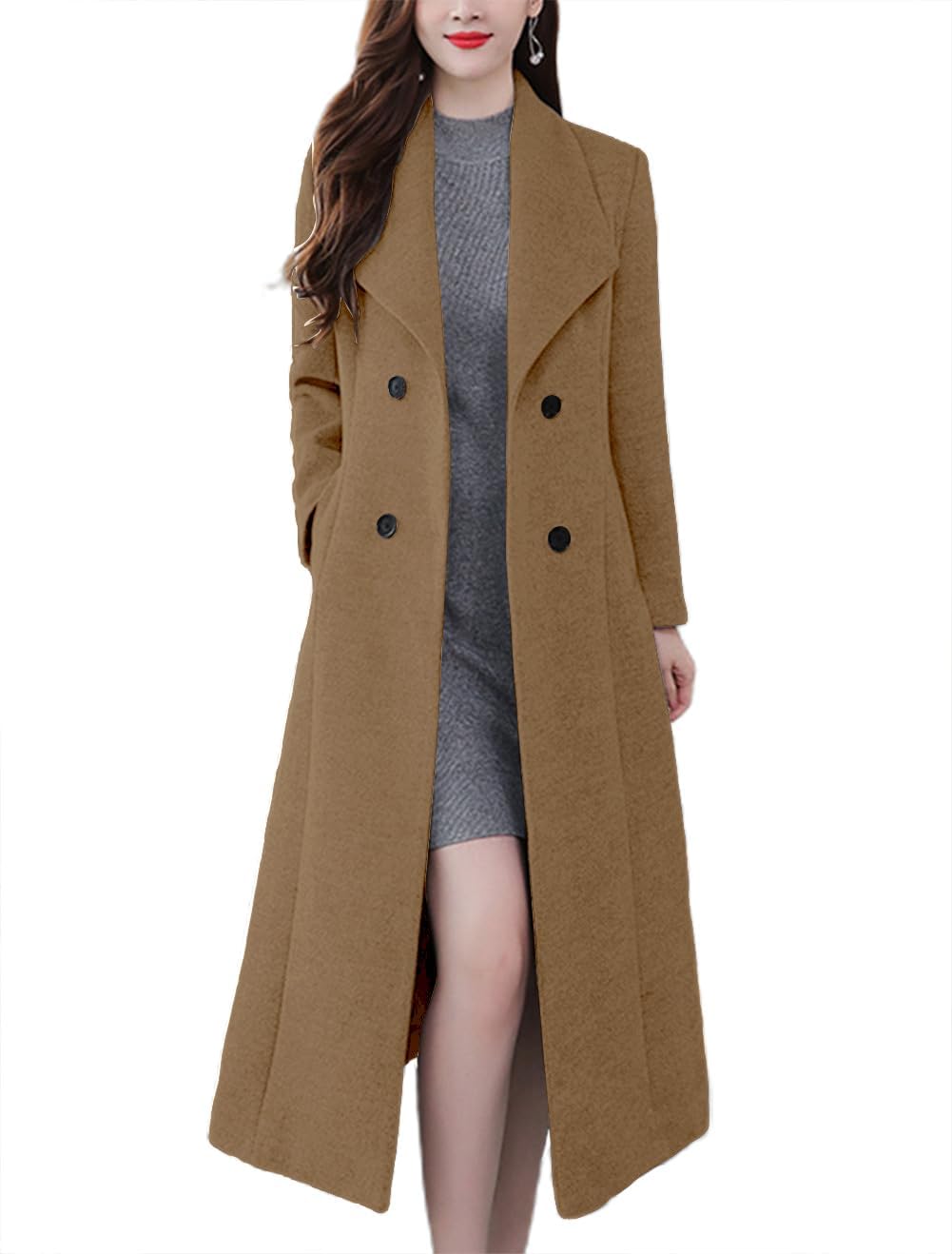 Chic Shawl Collar Double Breasted Maxi Long Wool Pea Coat