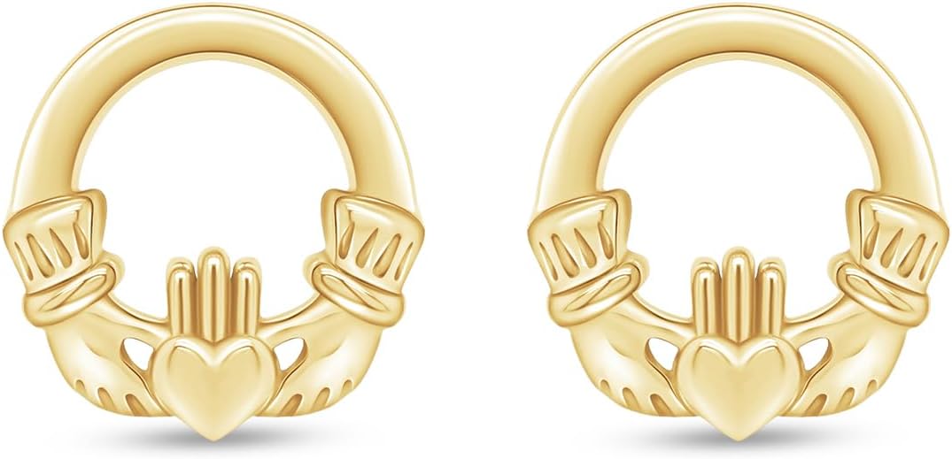 Celtic Claddagh Love Heart Stud Earrings in 14k Gold Over Silver
