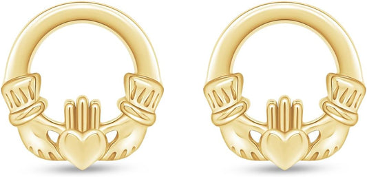 Celtic Claddagh Love Heart Stud Earrings in 14k Gold Over Silver