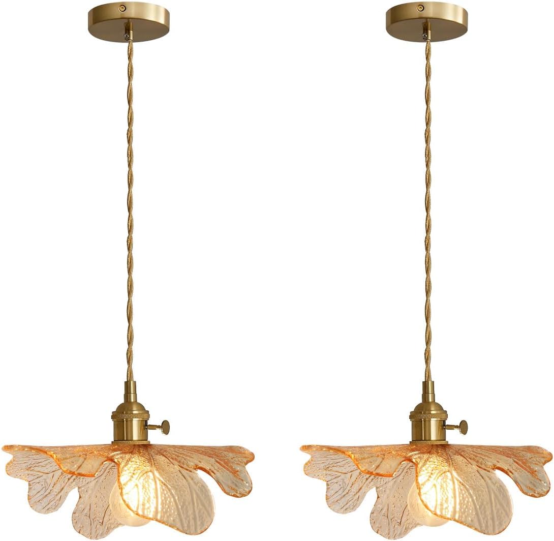 Modern Pendant Light 2 Pack with Hand Blown Amber Glass Shade