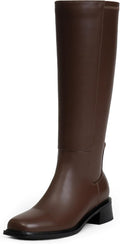 Knee High Boots Women Faux Leather Elastic Low Heel Square Toe Heel]