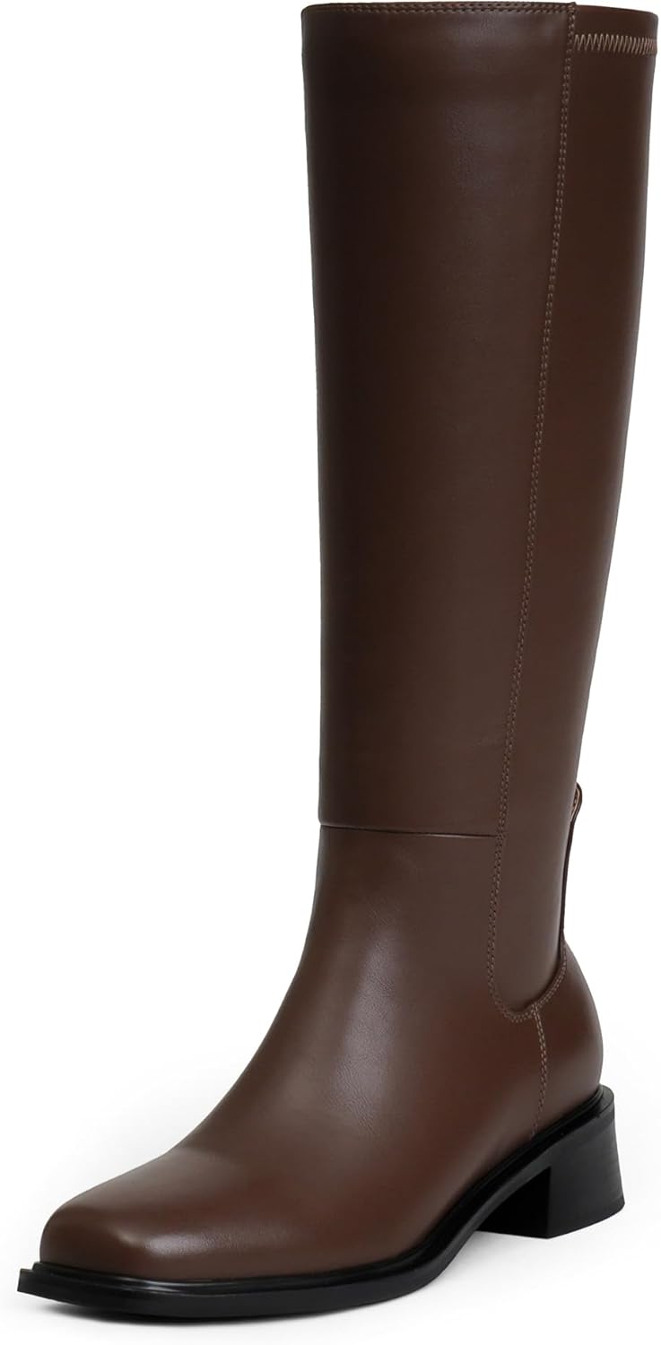 Knee High Boots Women Faux Leather Elastic Low Heel Square Toe