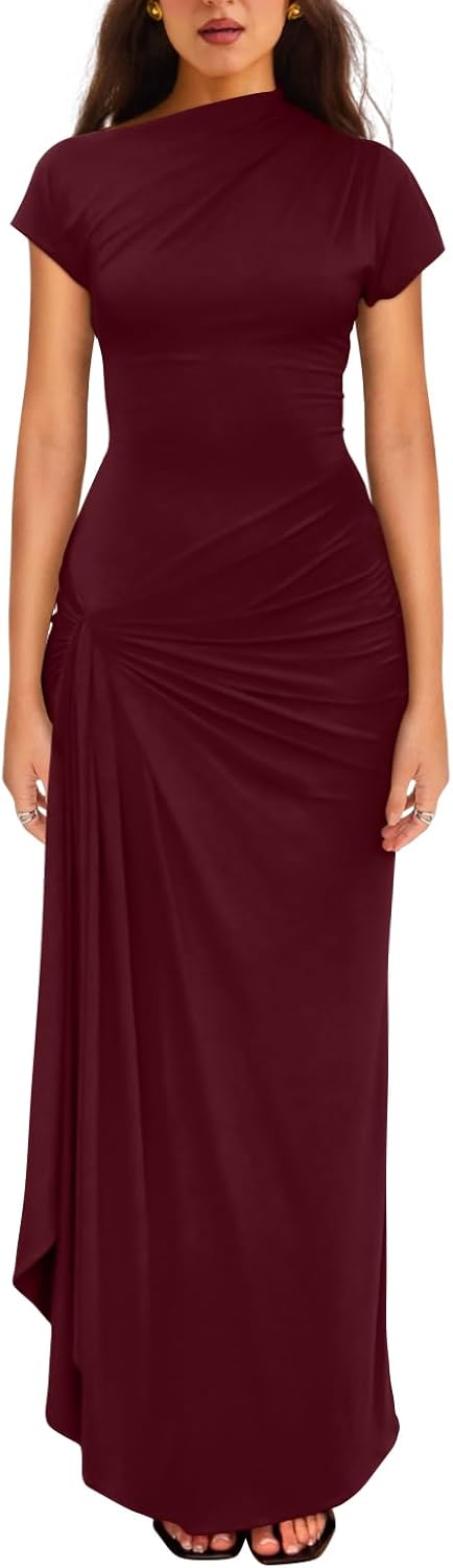YMDUCH Women's Casual Boat Neck Ruched High Split Bodycon Dress