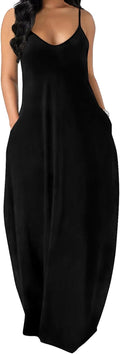 Women's Maxi Dresses Summer Spaghetti Strap Dress with Pockets OFEEFAN