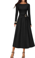 Women's 2025 Fall Long Sleeve Midi Dress - Boat Neck Ruched Midi