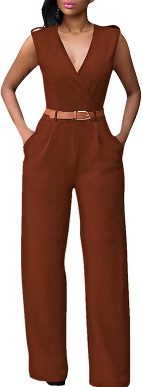 Elegant Wide Leg Jumpsuit for Women with Deep V Neck Design