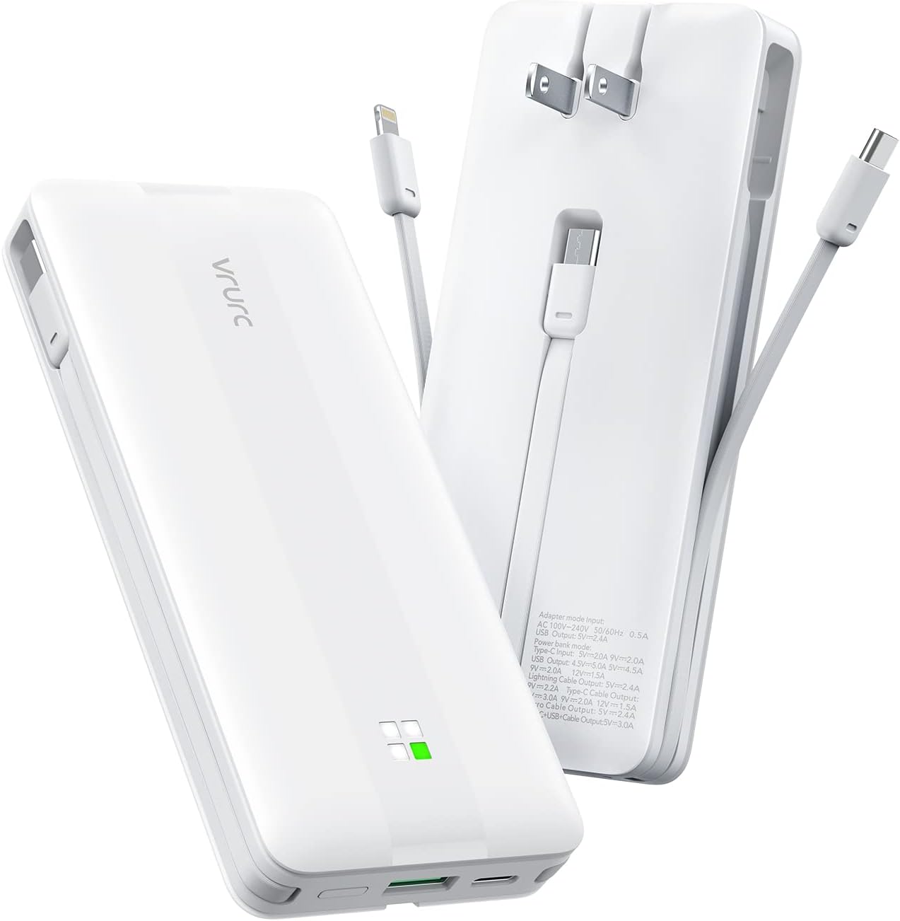 22.5W Fast Charging Portable Power Bank - Built-in Cables & AC Wall Plug - 10000mAh - White
