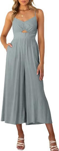 Women Summer Spaghetti Strap V Neck Cutout Jumpsuit - Wide Leg