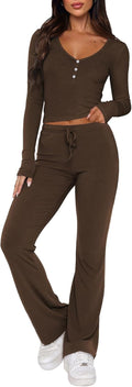 Womens 2 Piece Lounge Sets Long Sleeve Crop Tops V Neck Flare Pants is