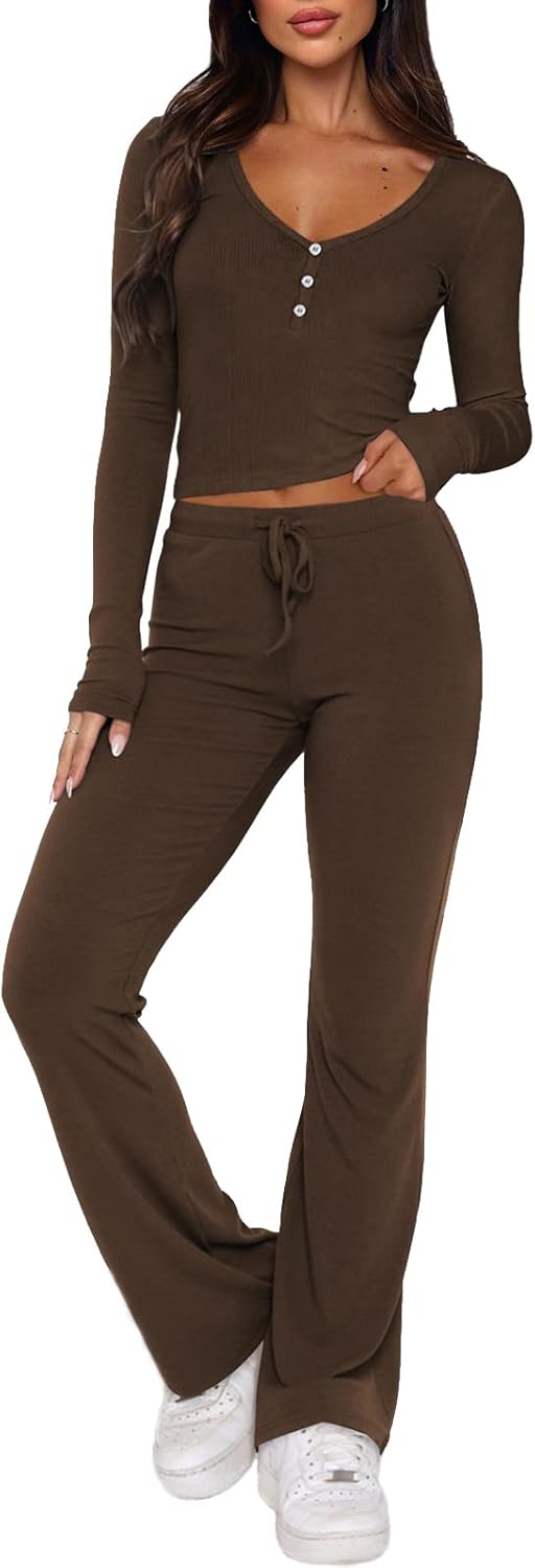 Womens 2 Piece Lounge Sets with Long Sleeve Crop Tops and Flare Pants