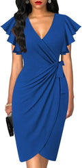 oten Womens Deep V Neck Ruffle Sleeve Sheath Dress - Flattering Fit is
