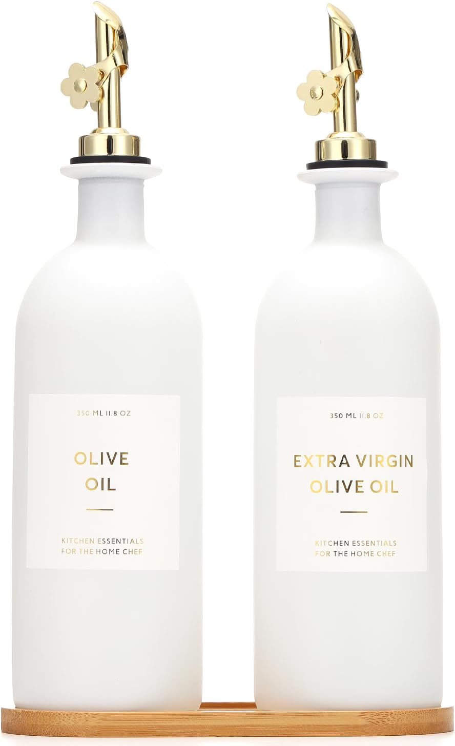 HOMCDALY Olive Oil Dispenser Set with Bamboo Tray and Labels