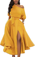 Womens Mustard Off Shoulder Belted Side Slit Swing Dress - Elegant