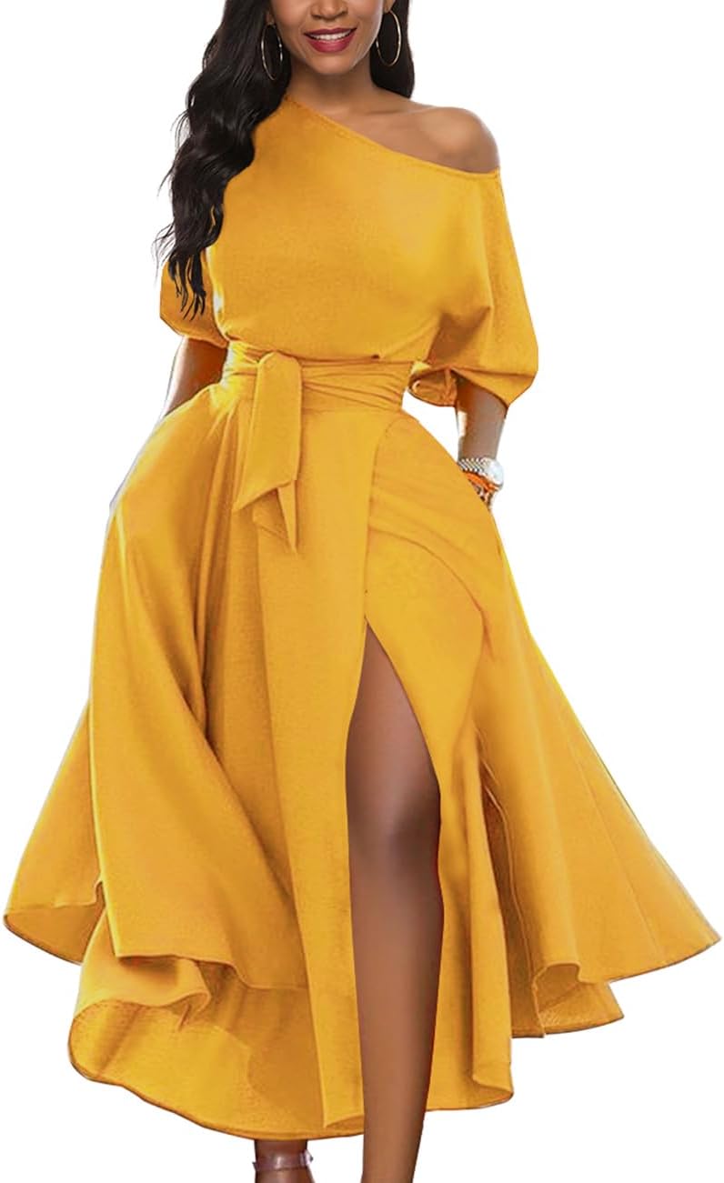 Womens Elegant Off Shoulder Cocktail Party Swing Dress with Pockets