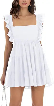 Womens Summer Square Neck Tie Back Ruffle Sleeve Mini Dress