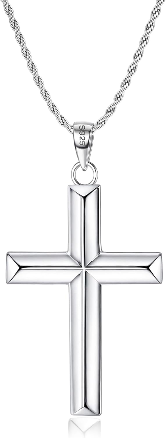 Solid 925 Sterling Silver Cross Necklace for Men and Women