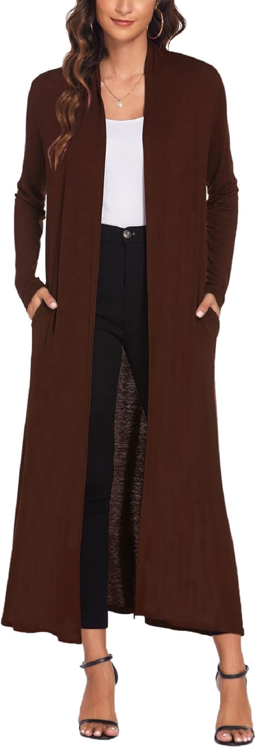 Stylish Women Floor Length Open Front Cardigan with Pockets