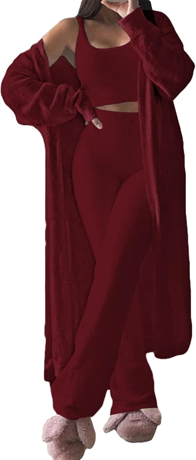 Stylish Women's Fuzzy 3 Piece Sweatsuit Lounge Set for Comfort
