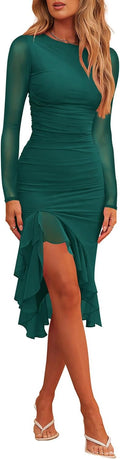Hocuos Womens Round Neck Long Sleeve Ruffle Hem Midi Dress