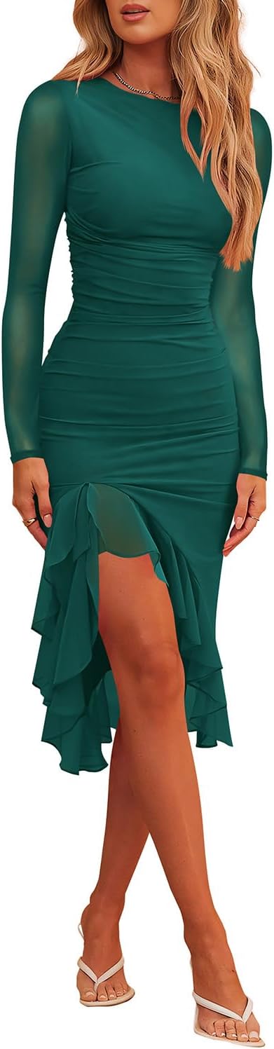 Hocuos Womens Ruffle Hem Midi Dress for Formal Occasions