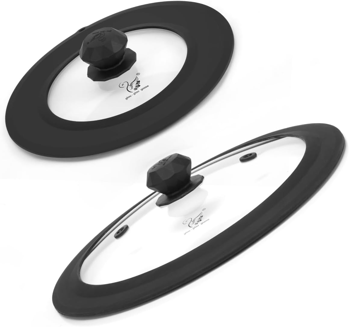 Vented Tempered Glass Pot Pan Lid Set - Heat Resistant Silicone - Microwave Safe - Fits 8 to 12.5 - Black