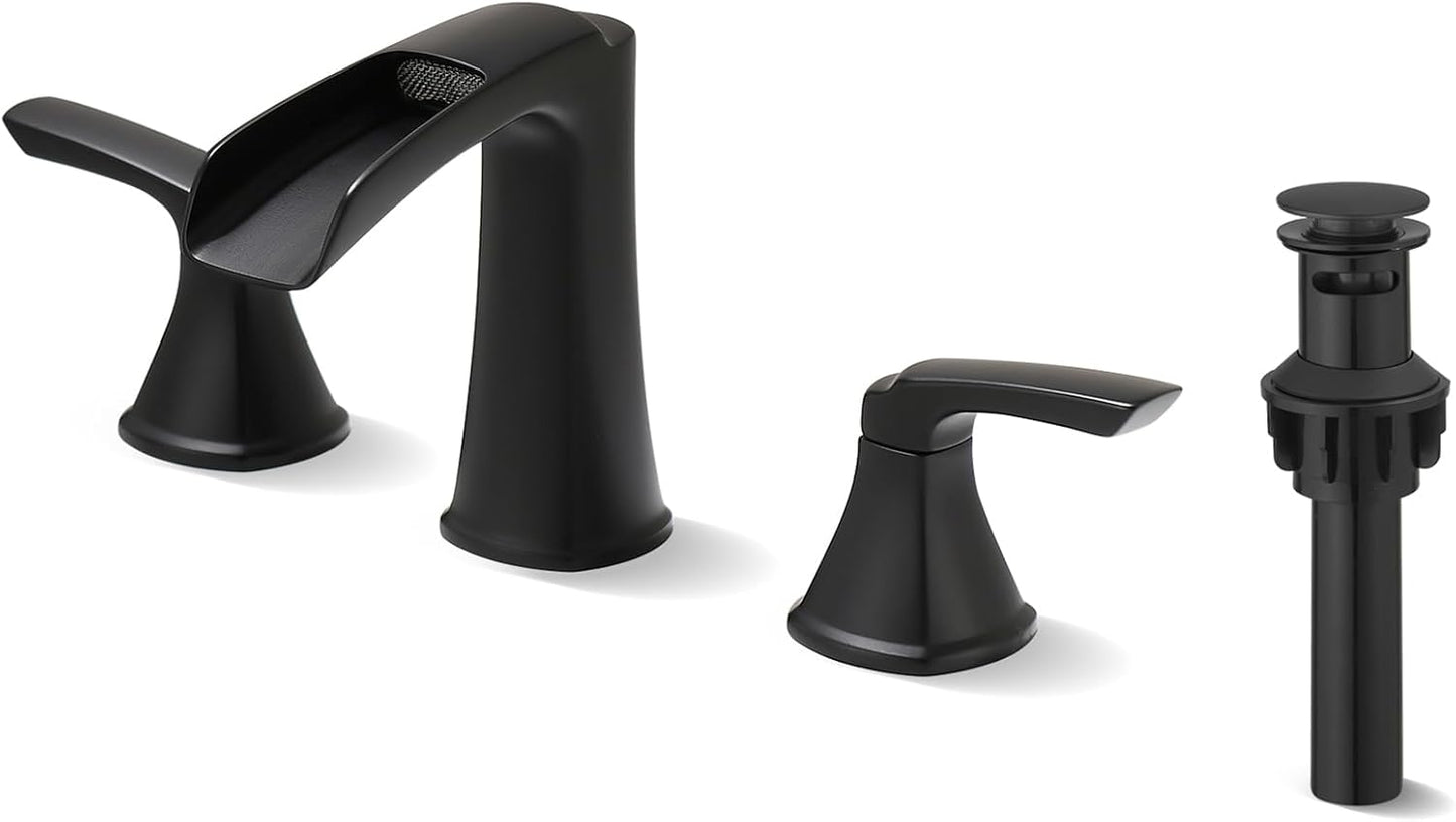 Fapully Black Bathroom Faucet 3 Hole Waterfall Design for Sinks