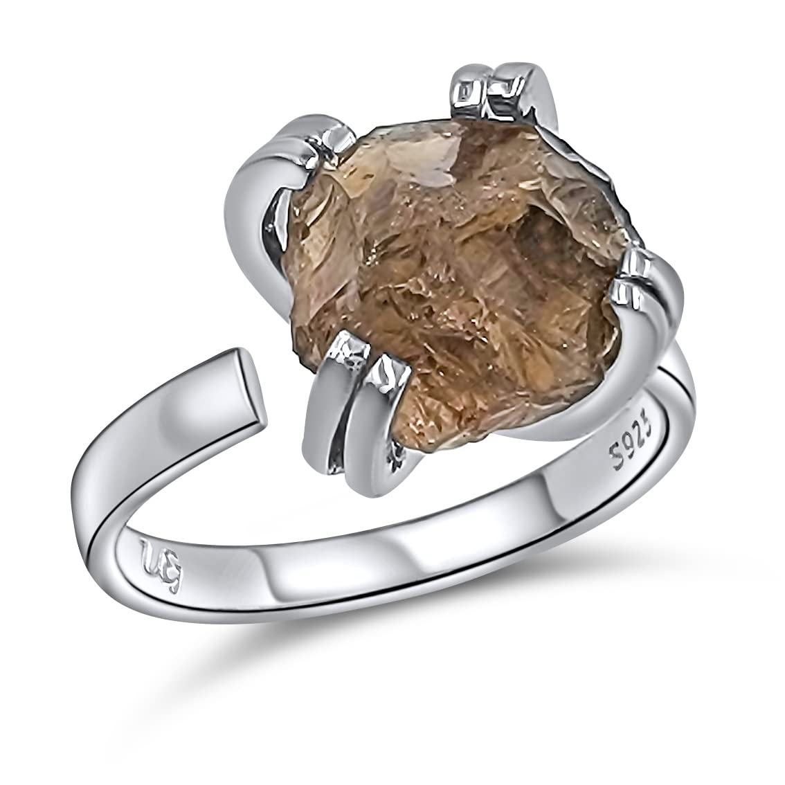 Natural Raw Smoky Quartz Adjustable Ring in White Gold Over Silver