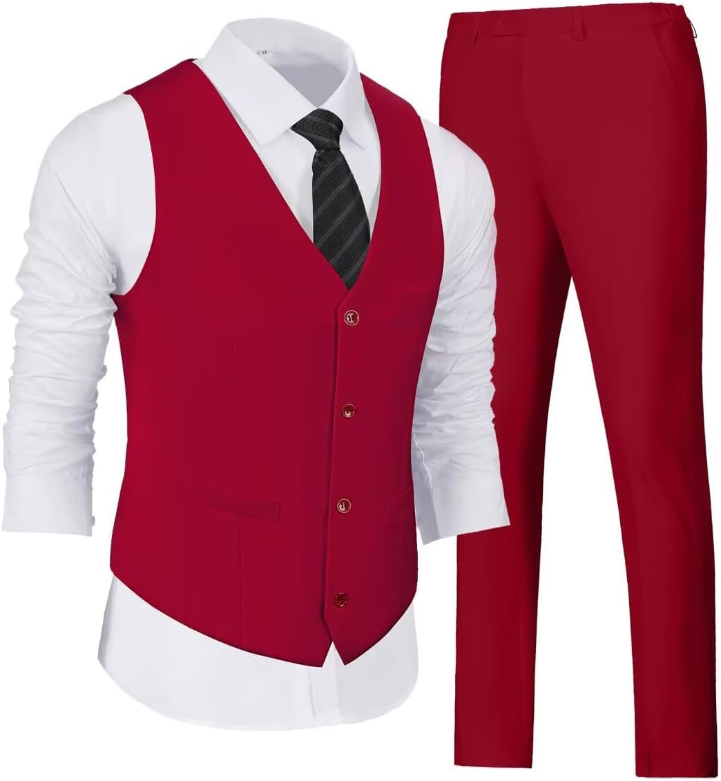 Wehilion Men's V-Neck Slim Fit Casual Suit Vest Pants Set