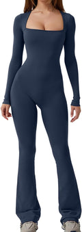 Square Neck Wide Leg Jumpsuit for Women - Full Length Flare