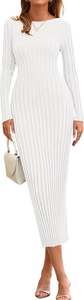 Womens Ribbed Knit Boat Neck Sweater Dress - Slim Fall Maxi