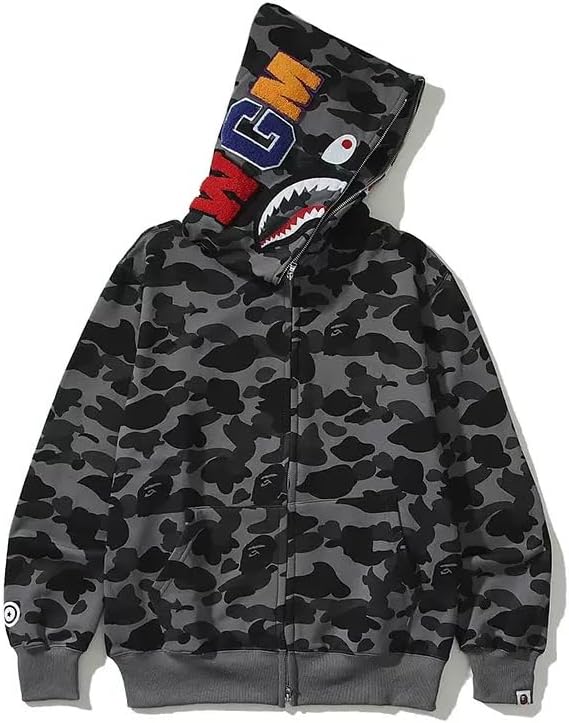 Unisex Camouflage Hoodie with Shark Embroidery for Couples