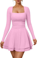 Womens Square Neck Ruched High Waist Party Mini Dress - Flattering Fit