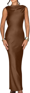 Memoriesea Women's Elegant Sleeveless High Neck Maxi Dress - Satin are