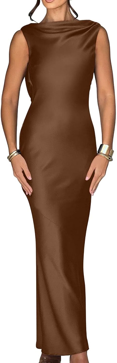 Elegant Sleeveless High Neck Tie Maxi Dress for Women Events