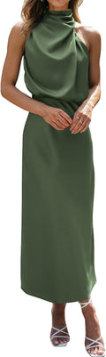 Women Sleeveless Mock Neck Satin Maxi Dress - Flattering Evening Fit