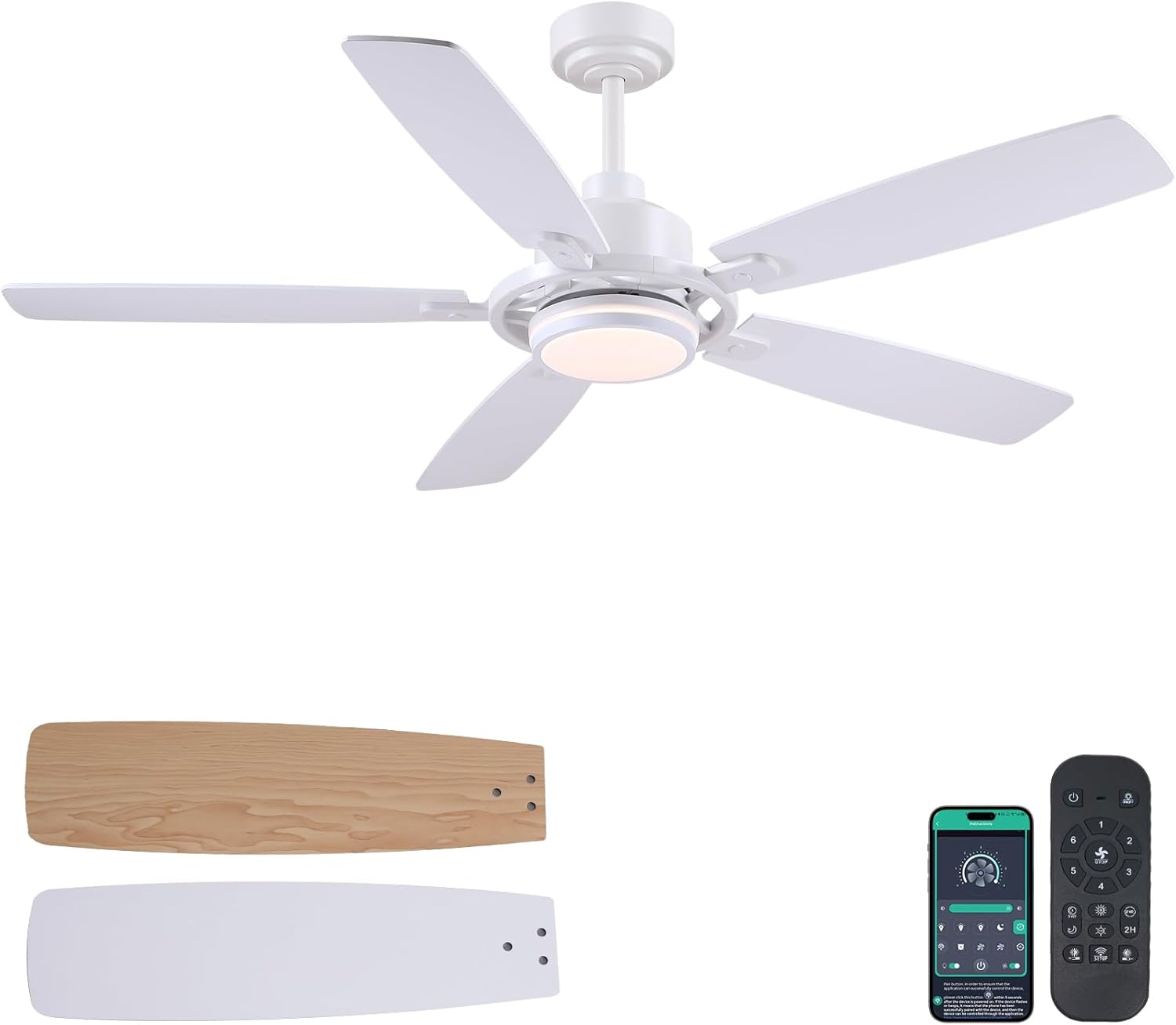 54in White Ceiling Fans with Lights and Remote for Modern Homes